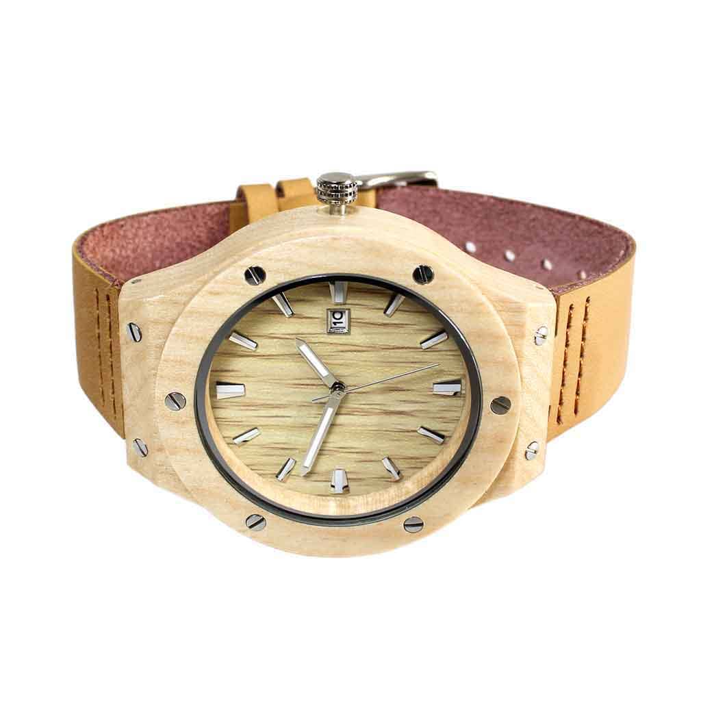 Reloj Madera con Tornillos y Correa de Cuero Beige