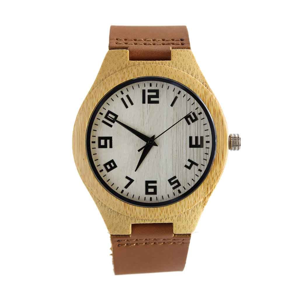 Reloj Madera Correa Cuero Café con Marcadores Números