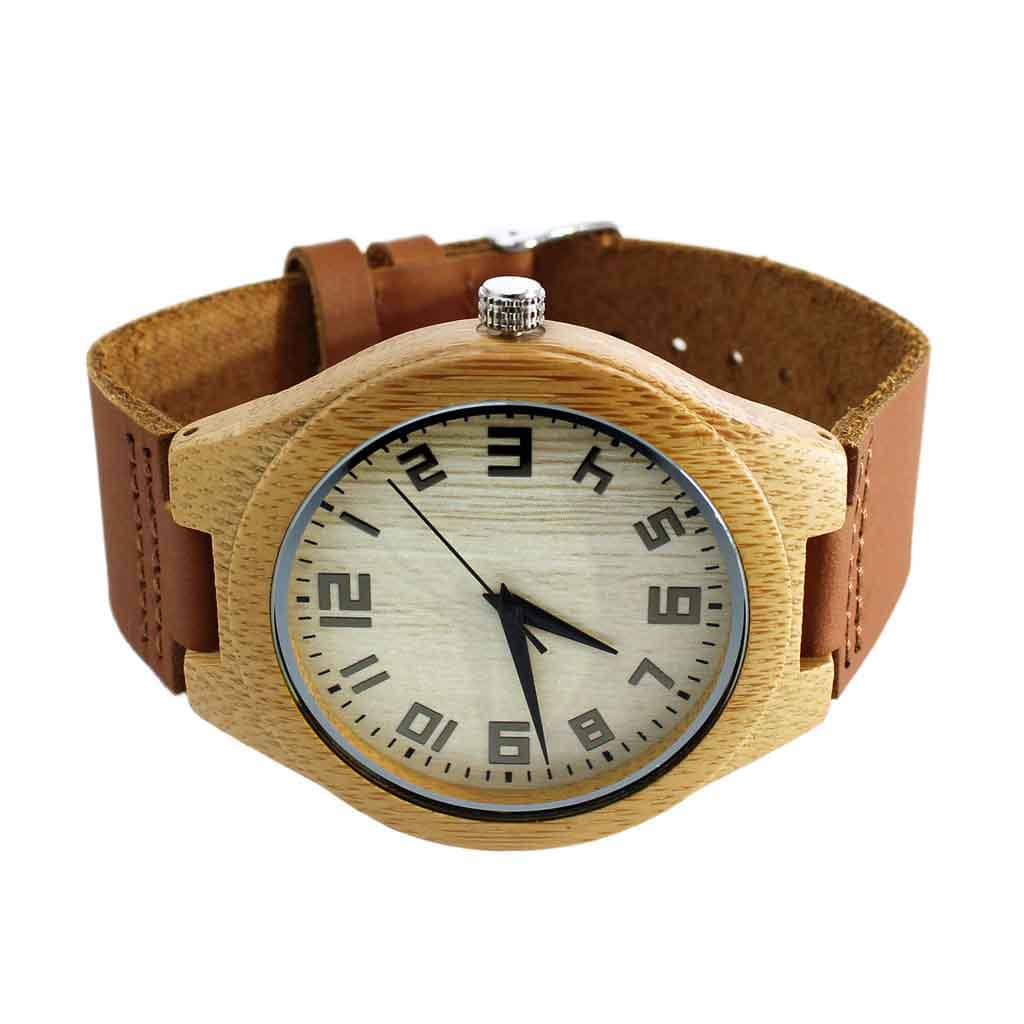 Reloj Madera Correa Cuero Café con Marcadores Números