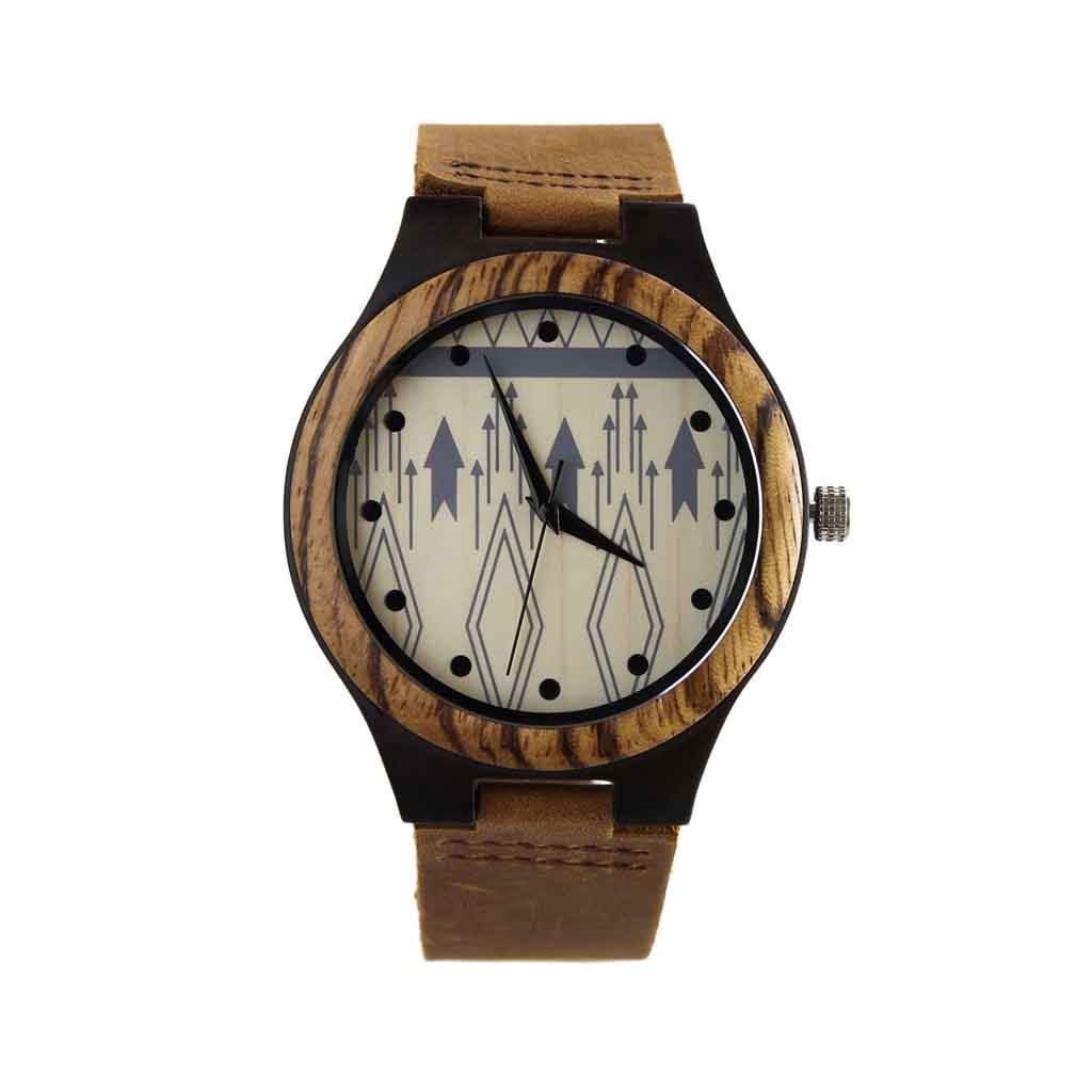 Reloj Madera Correa Cuero Marrón Flechas