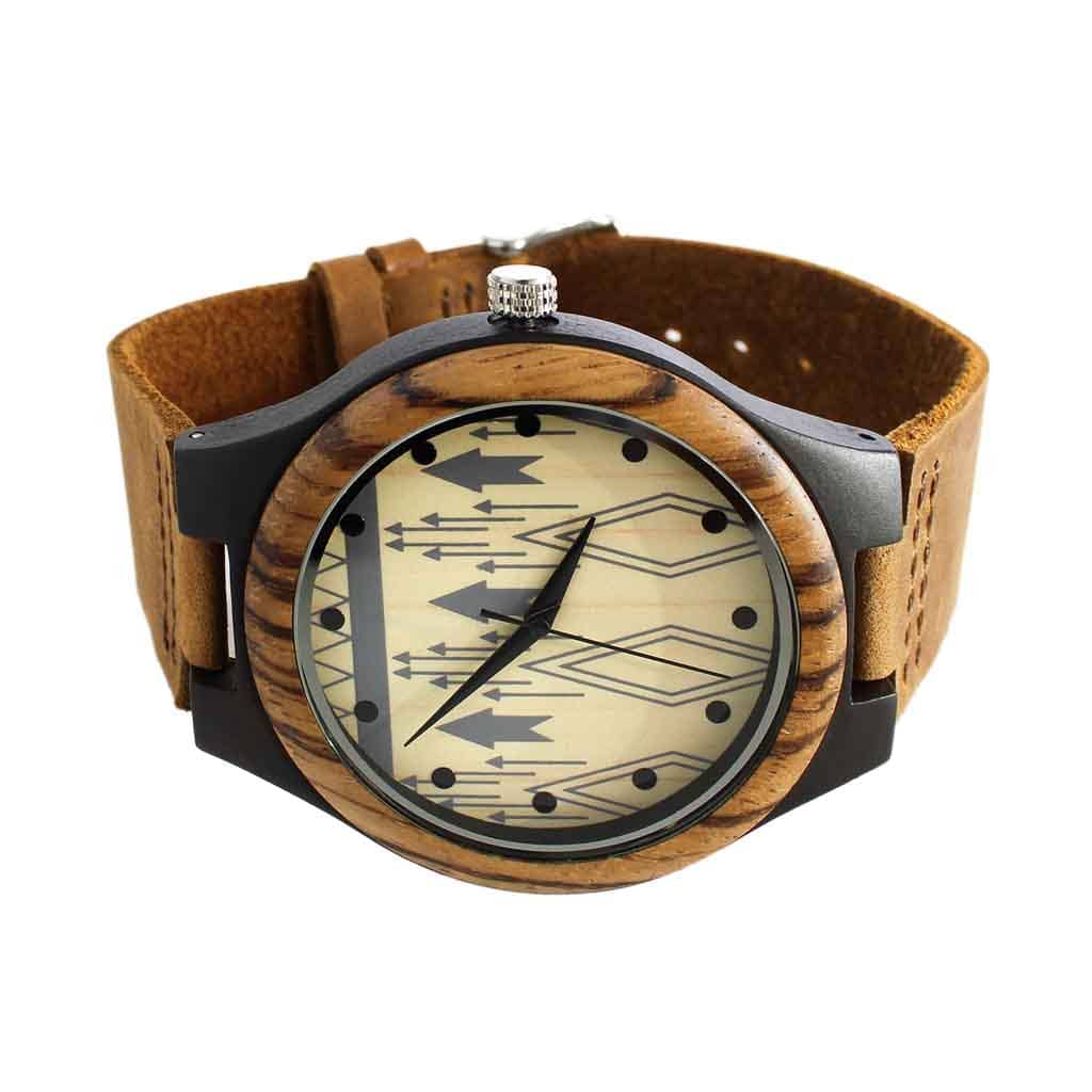 Reloj Madera Correa Cuero Marrón Flechas