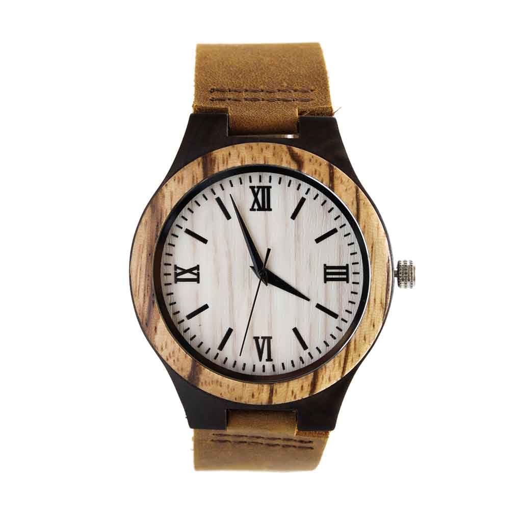 Reloj Madera Correa Cuero Marrón Número Romanos