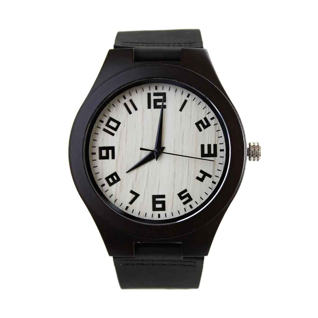 Reloj Madera Correa Cuero Negro Marcadores Numéricos