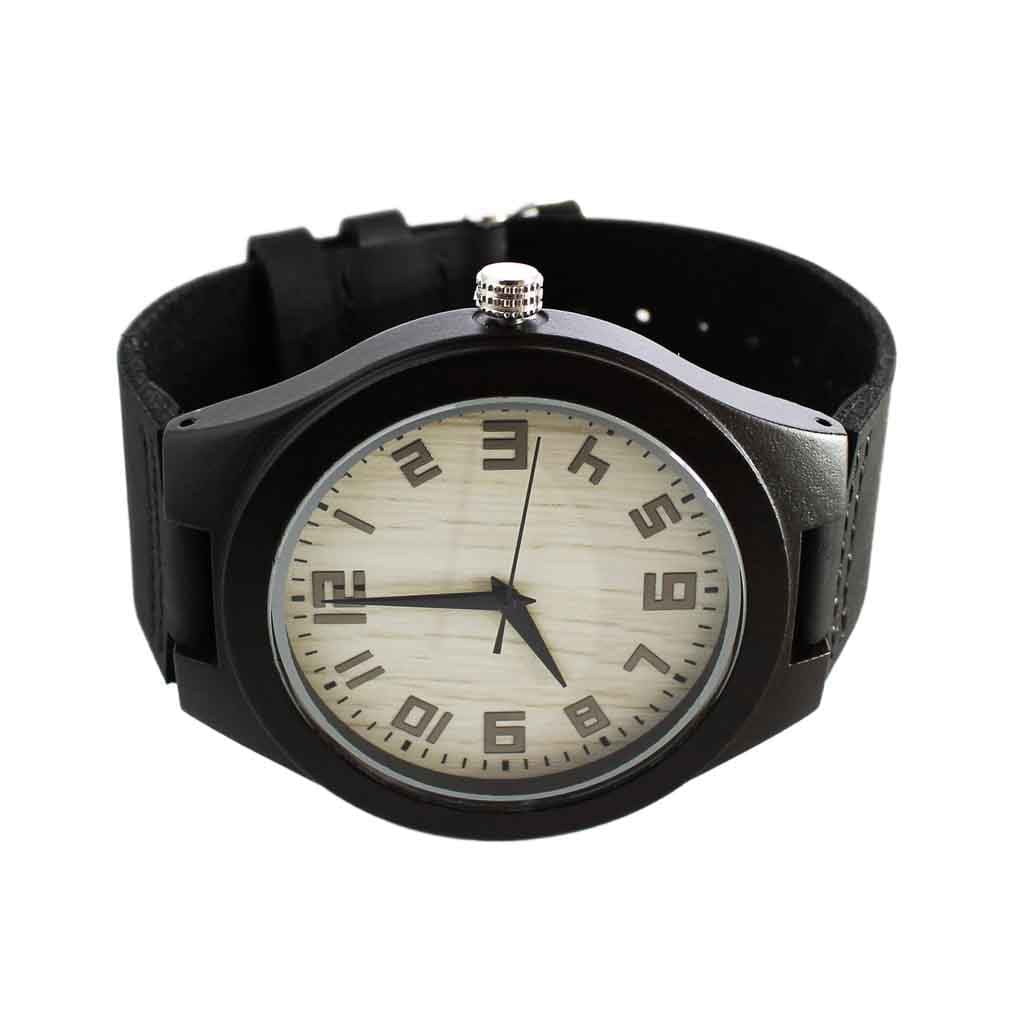 Reloj Madera Correa Cuero Negro Marcadores Numéricos