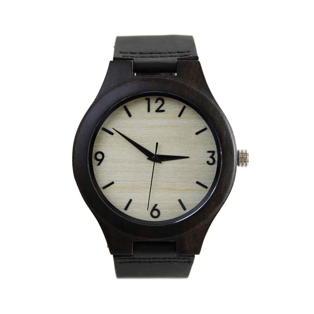 Reloj Madera Correa Cuero Negro Marcadores Números Cuartos