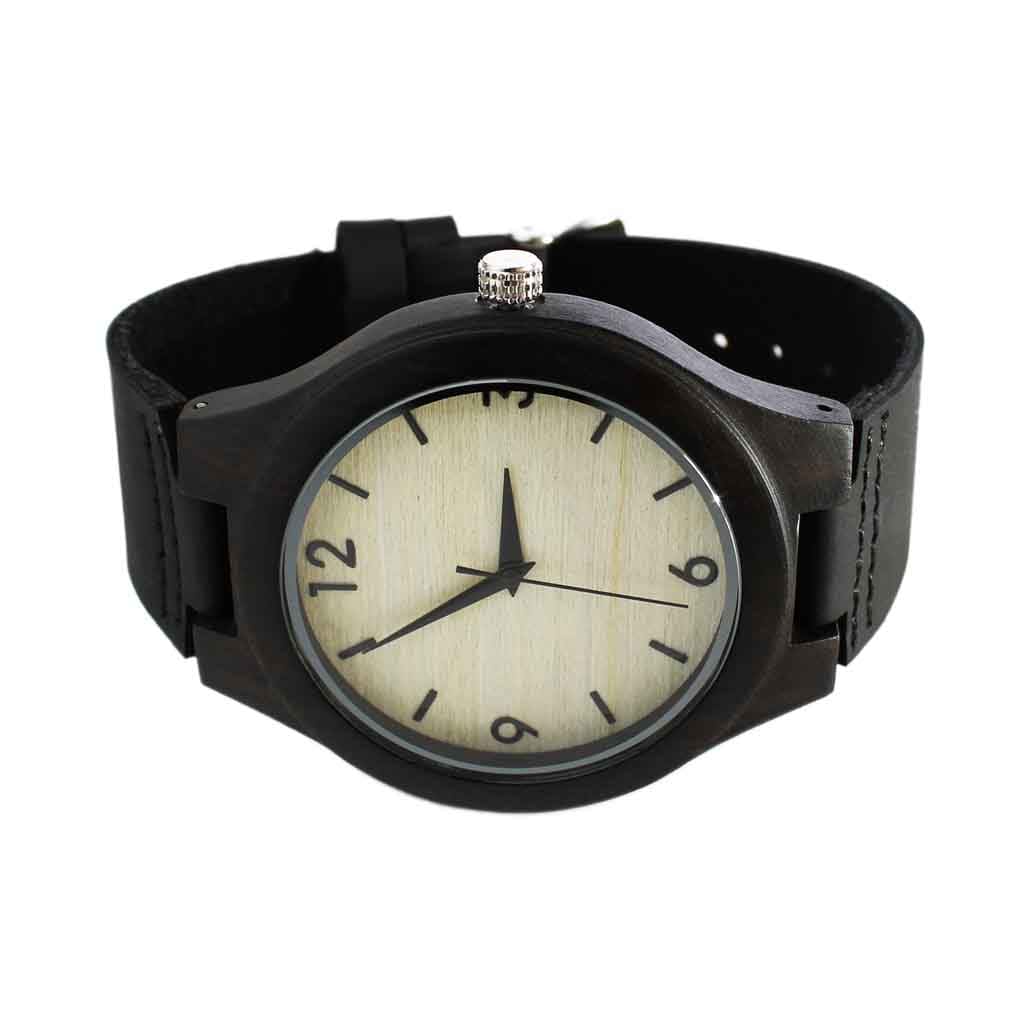 Reloj Madera Correa Cuero Negro Marcadores Números Cuartos