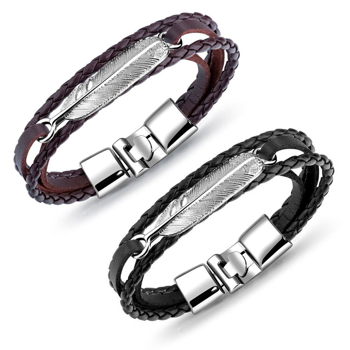 Pack 2 Pulseras de Cuero con texturas y Dije de Pluma Negro y Café