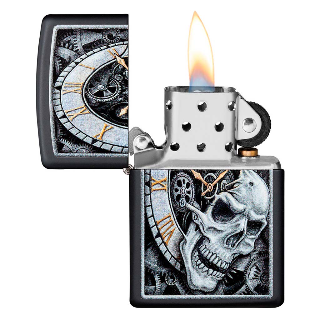 Encendedor Zippo Skull Clock Design Calavera Reloj Negro