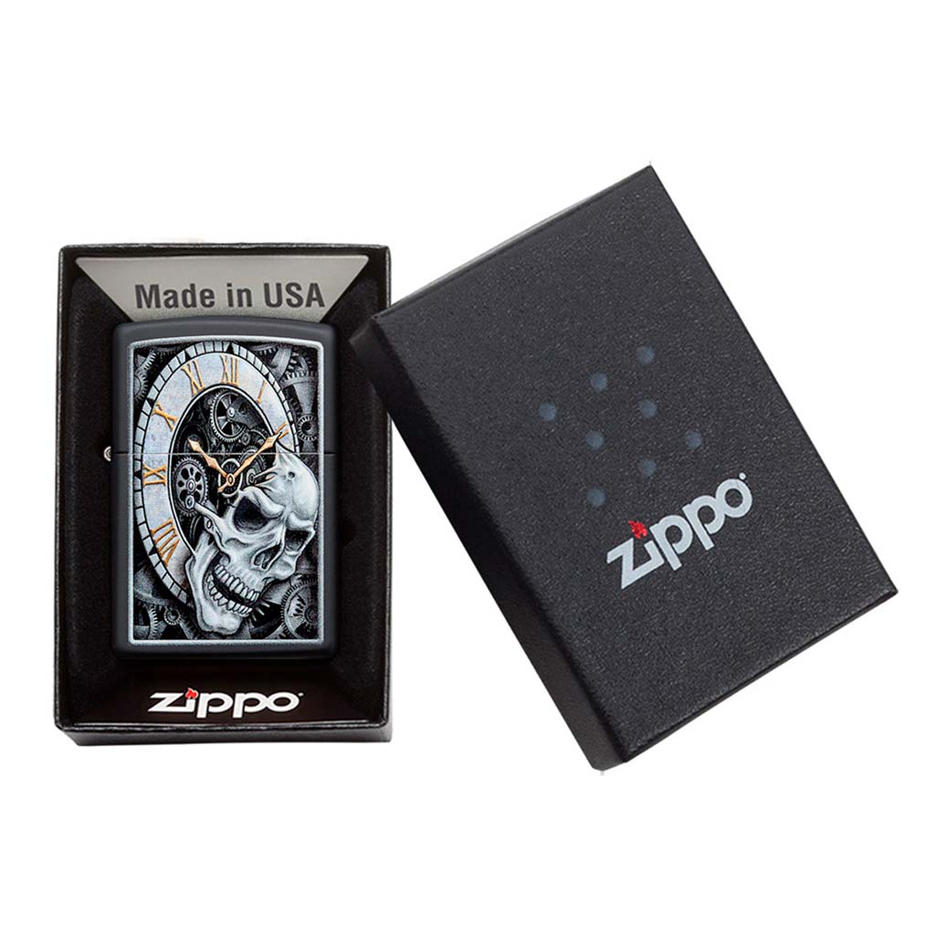 Encendedor Zippo Skull Clock Design Calavera Reloj Negro