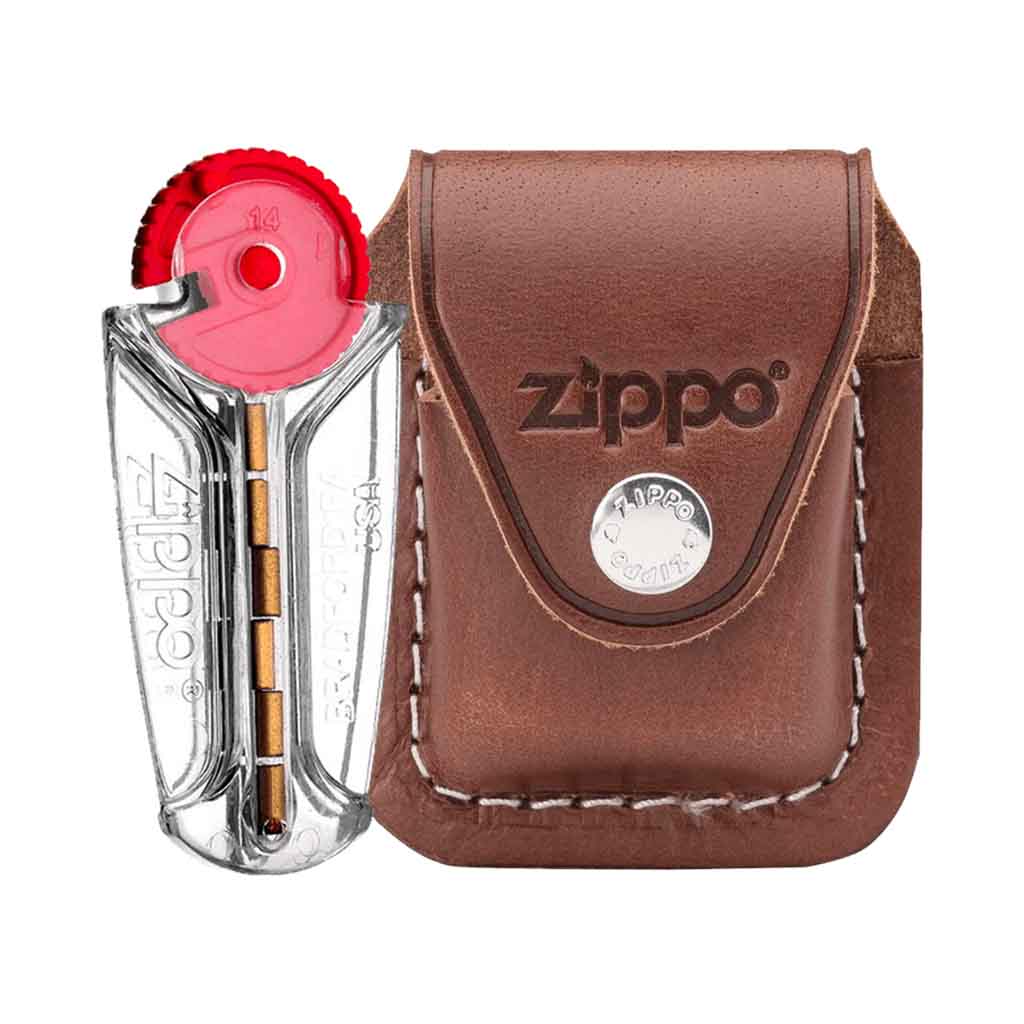 Pack Estuche Zippo Brown Lighter Pouch-Clip + Piedra