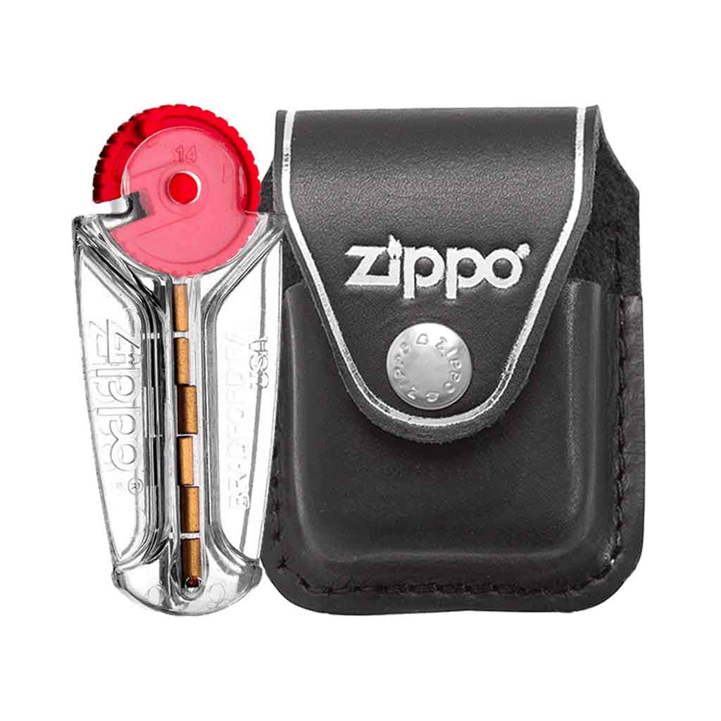 Pack Estuche Zippo Black Lighter Pouch-Clip + Piedra
